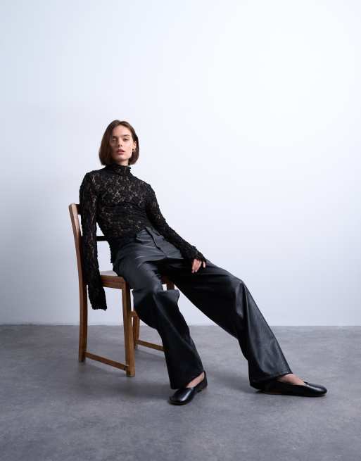 Topshop - Top accollato asimmetrico in pizzo nero a maniche lunghe, 3 di 4
