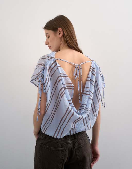 Topshop - Top accollato drappeggiato blu a righe con laccetti, 4 di 4