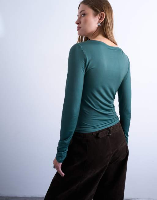 Topshop - Top accollato verde in microfibra con stampa di tulipani, 2 di 4
