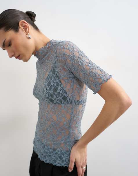 Topshop - Top aderente accollato a mezze maniche blu in pizzo - view 1