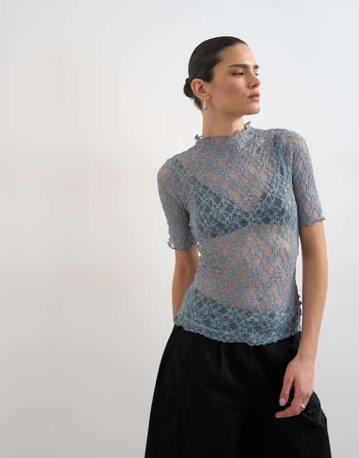 Topshop - Top aderente accollato a mezze maniche blu in pizzo, 3 di 4