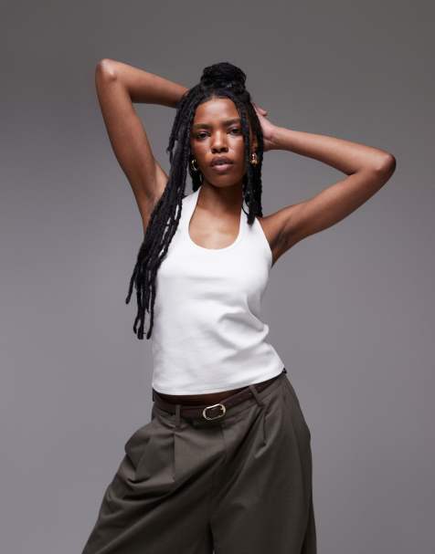 Topshop - Top allacciato al collo bianco a coste - view 1