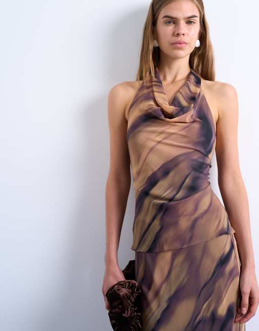 Topshop - Top allacciato al collo color legno con scollo ad anello