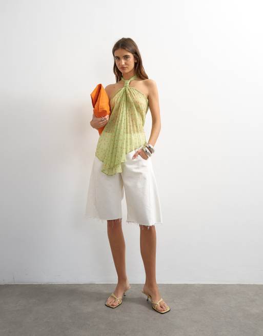 Topshop - Top allacciato al collo con nodo verde a pois in tessuto a pieghe, 3 di 4