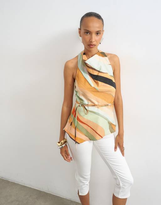 Topshop top allacciato al collo con vita annodata e stampa astratta, 4 di 4