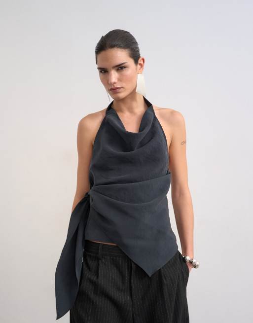 Topshop - Top allacciato al collo in cupro morbidissimo nero, 3 di 4