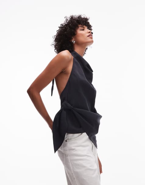 Topshop - Top allacciato al collo in cupro morbido nero - view 1
