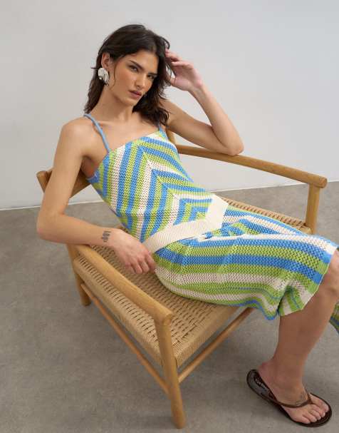 Topshop - Top allacciato al collo in maglia mista a righe verde e blu multicolore in coordinato - view 1