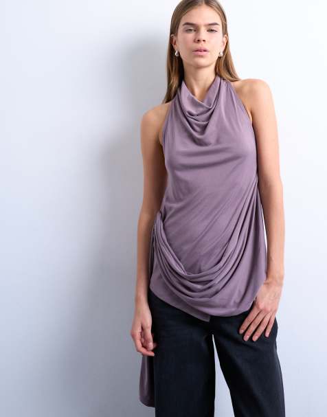 Topshop - Top allacciato al collo in tessuto cupro drappeggiato color fico - view 1