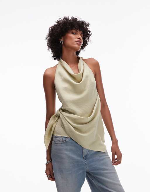 Topshop - Top allacciato al collo in tessuto cupro super morbido color oliva