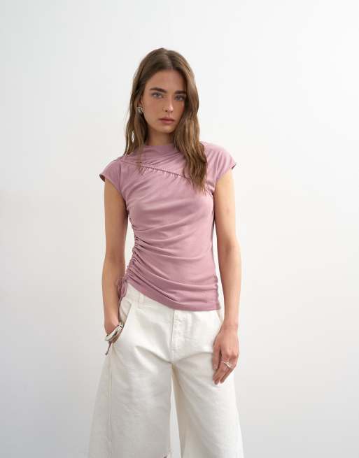 Topshop - Top arricciato in cupro color malva, 3 di 4