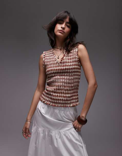 Topshop - Top arricciato senza maniche con scollo a V a quadretti color ruggine - view 1