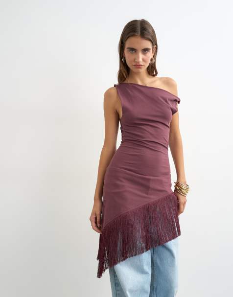 Topshop - top asimétrico con bajo de flecos en ciruela - view 1
