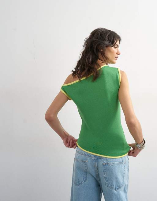 Topshop - Top asimmetrico in maglia verde con spalle scoperte, 4 di 4