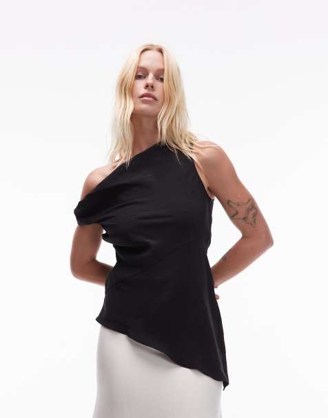 Topshop - Top asimmetrico nero in tessuto cupro morbidissimo con dettaglio attorcigliato - view 1