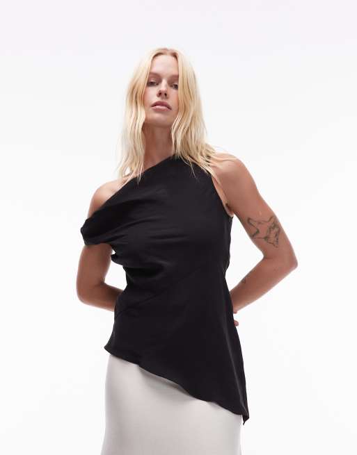 Topshop - Top asimmetrico nero in tessuto cupro morbidissimo con dettaglio attorcigliato