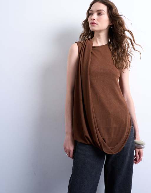 Topshop - Top asymétrique à détail cape - Taupe