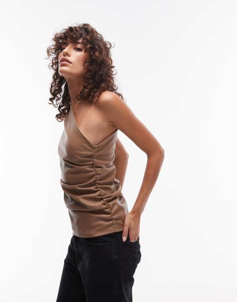 Topshop - Top asymétrique en similicuir - Café - view 1