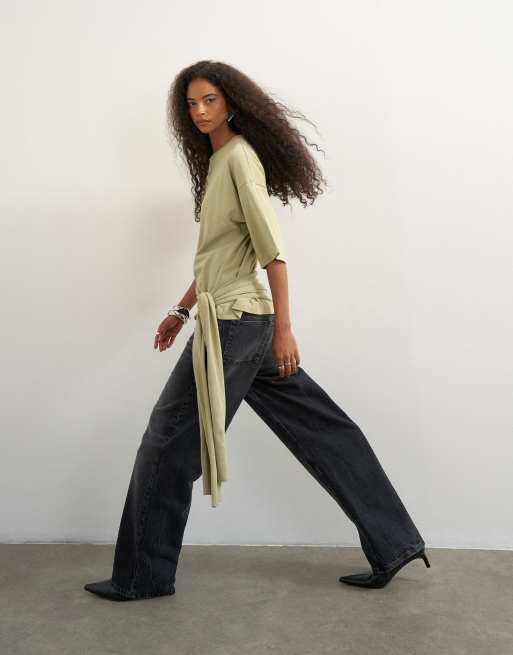 Topshop top avvolgente con dettaglio cintura in khaki
