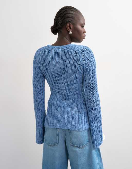 Topshop - Top azul de manga larga de punto calado, 2 de 4