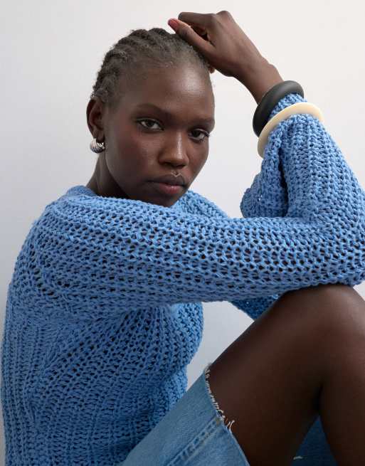 Topshop - Top azul de manga larga de punto calado, 3 de 4