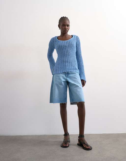 Topshop - Top azul de manga larga de punto calado, 4 de 4