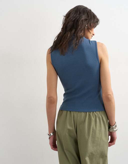 Topshop - Top azul intenso sin mangas con tapeta de botones asimétrica, 4 de 4