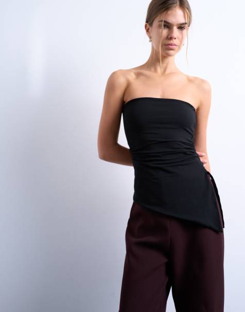 Topshop - Top bandeau à taille froncée et ourlet asymétrique - Noir - view 1