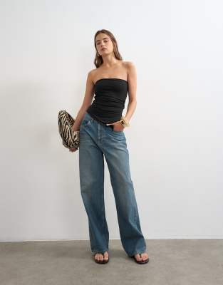 Top bandeau asymétrique froncé et fendu sur le côté - Noir S