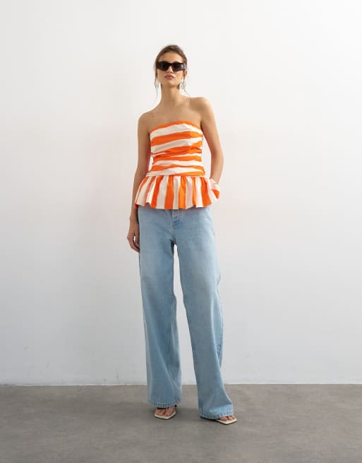 Topshop - Top bandeau avec buste froncé et ourlet à basque - Rayures oranges, 2 de 4