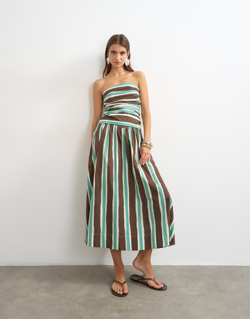 Topshop - top bandeau fruncido de conjunto a rayas marrones, 2 de 4