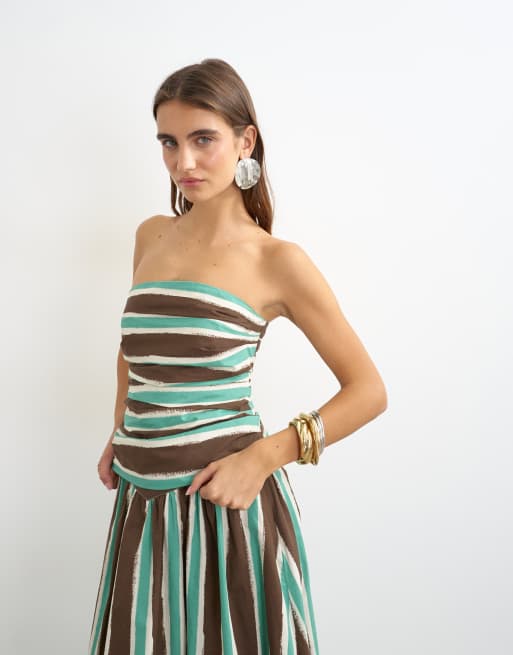 Topshop - top bandeau fruncido de conjunto a rayas marrones, 4 de 4