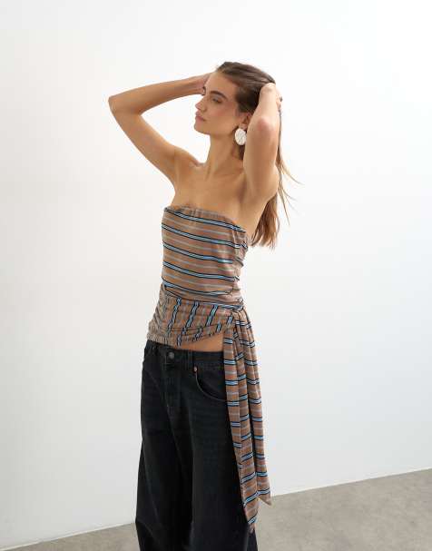 Topshop - Top bandeau rayé avec liens - Marron - view 1