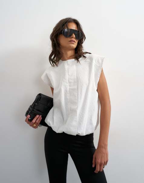 Topshop - Top bianco a righe con zip morbido con spalle strutturate - view 1
