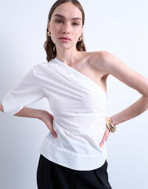 Topshop - Top bianco con scollo drappeggiato e spalla scoperta - view 1