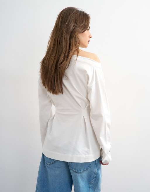 Topshop - Top bianco con spalle scoperte stretto in vita, 4 di 4