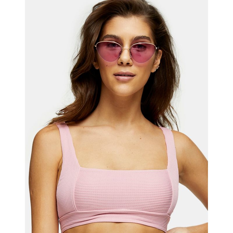 Topshop - Top bikini corto a coste rosa con scollo squadrato