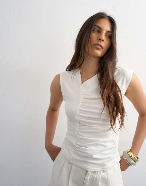 Topshop - Top blanco con mangas de casquillo y costuras fruncidas - view 1