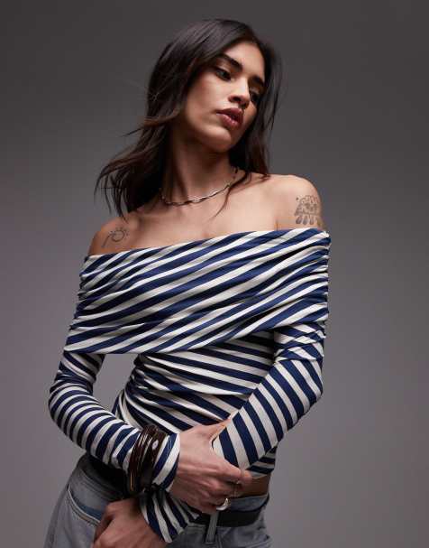 Topshop - Top blu a righe con scollo alla Bardot e spalle scoperte - view 1