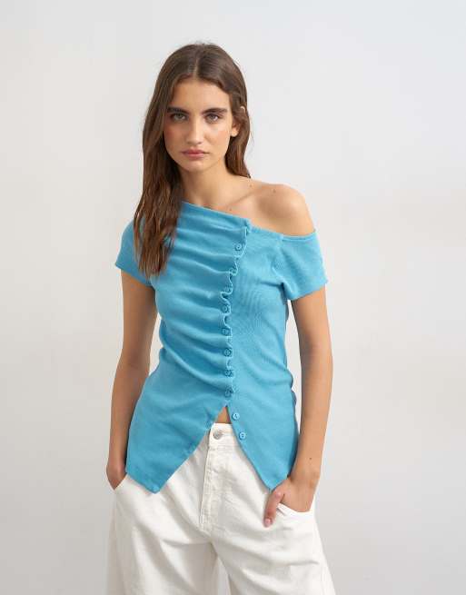 Topshop - Top boutonné à encolure Bardot - Bleu, 2 de 4