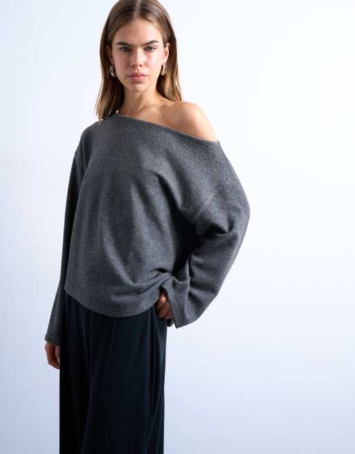 Topshop - Top brossé coupe asymétrique à encolure Bardot - Gris chiné