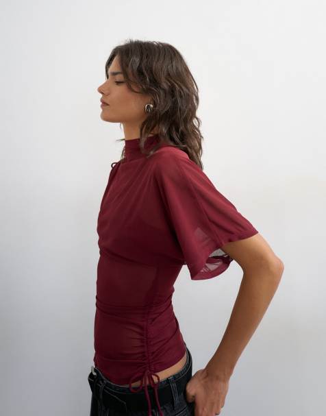 Topshop - Top burdeos asimétrico y fruncido de malla - view 1
