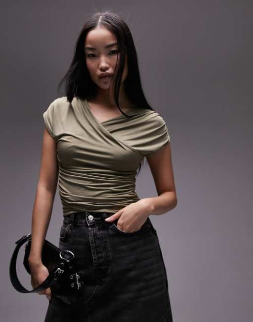 Topshop - Top cache-cœur à mancherons en microfibre - Kaki