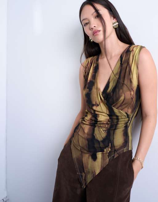 Topshop - Top cache-cœur asymétrique à imprimé rose - Marron