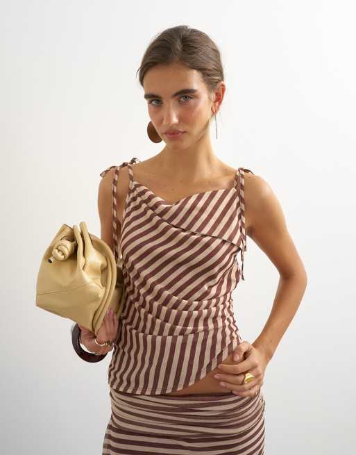 Topshop top cami a righe con dettaglio annodato marrone