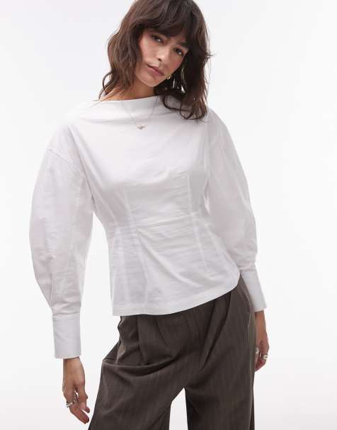 Topshop - Top cintré en popeline avec manches amples - Blanc - view 1