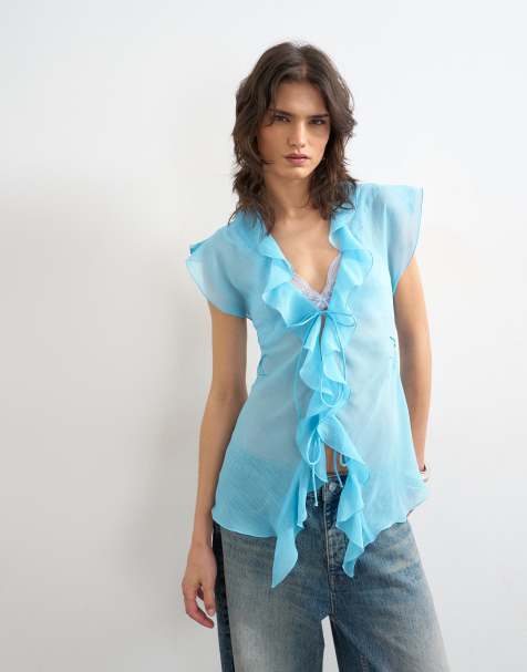 Topshop - Top col V à volants - Bleu - view 1