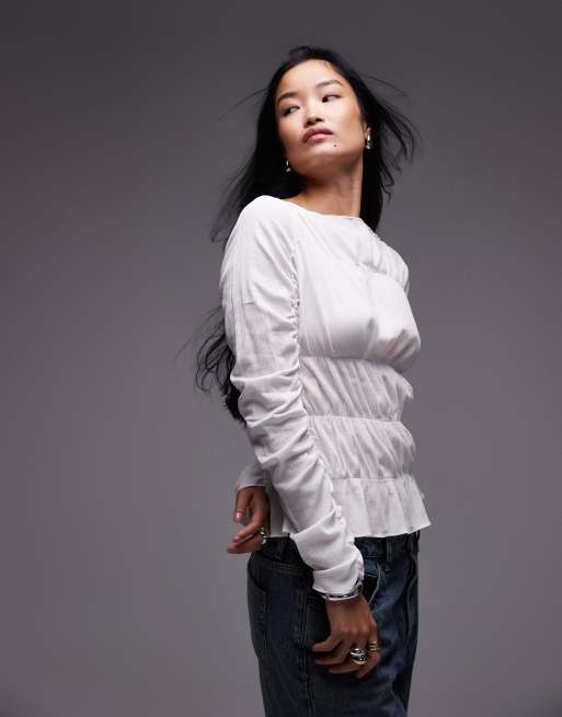Topshop - Top color avorio con scollo a barchetta e arricciature