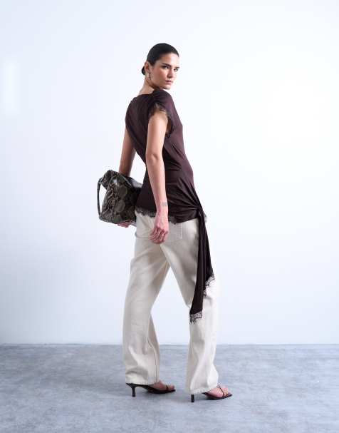 Topshop - Top color cioccolato con scollo ad anello e finiture in pizzo - view 1