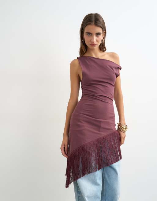Topshop - Top color ciruela asimétrico con flecos en el bajo
